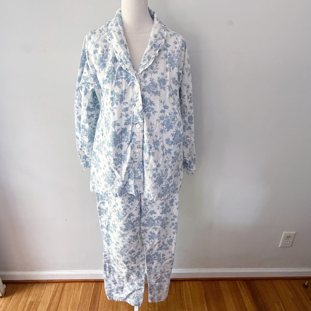 Ella Simone Pajama Set Women Medium Blue Floral Flannel 100% Cotton Sleepwear